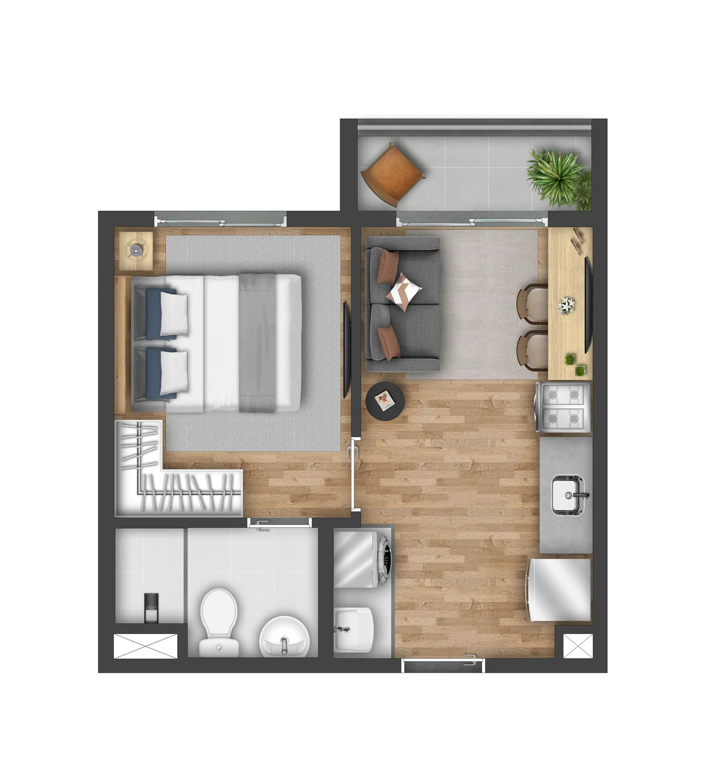 Planta baixa do apartamento de 26m², 1 quarto