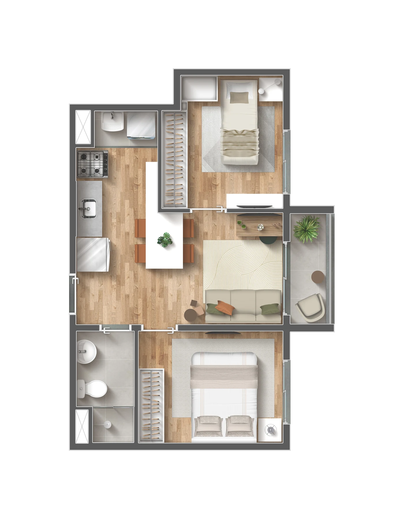 Planta baixa do apartamento de 39m², 2 quartos