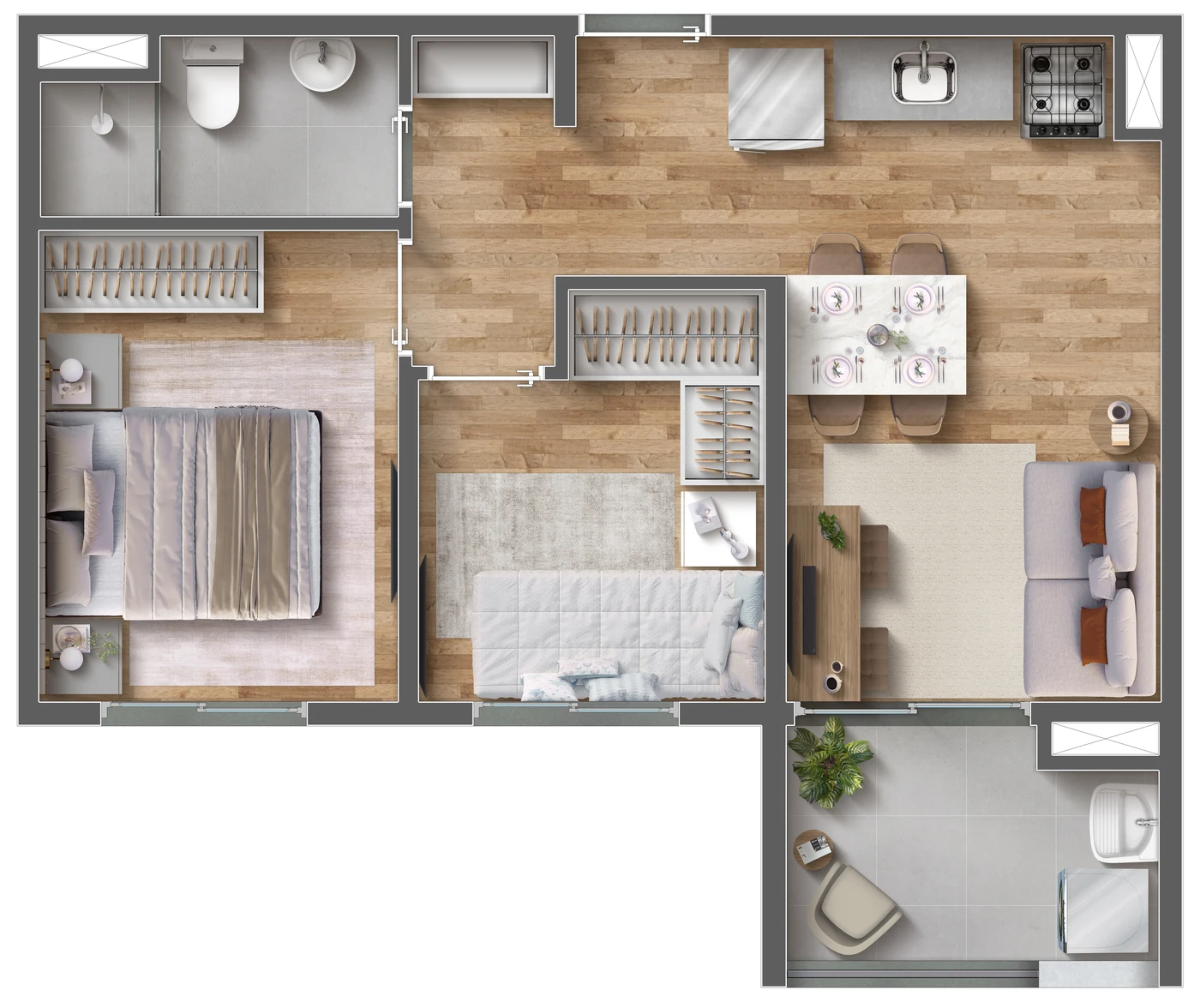 Planta baixa do apartamento de 41m², 2 quartos
