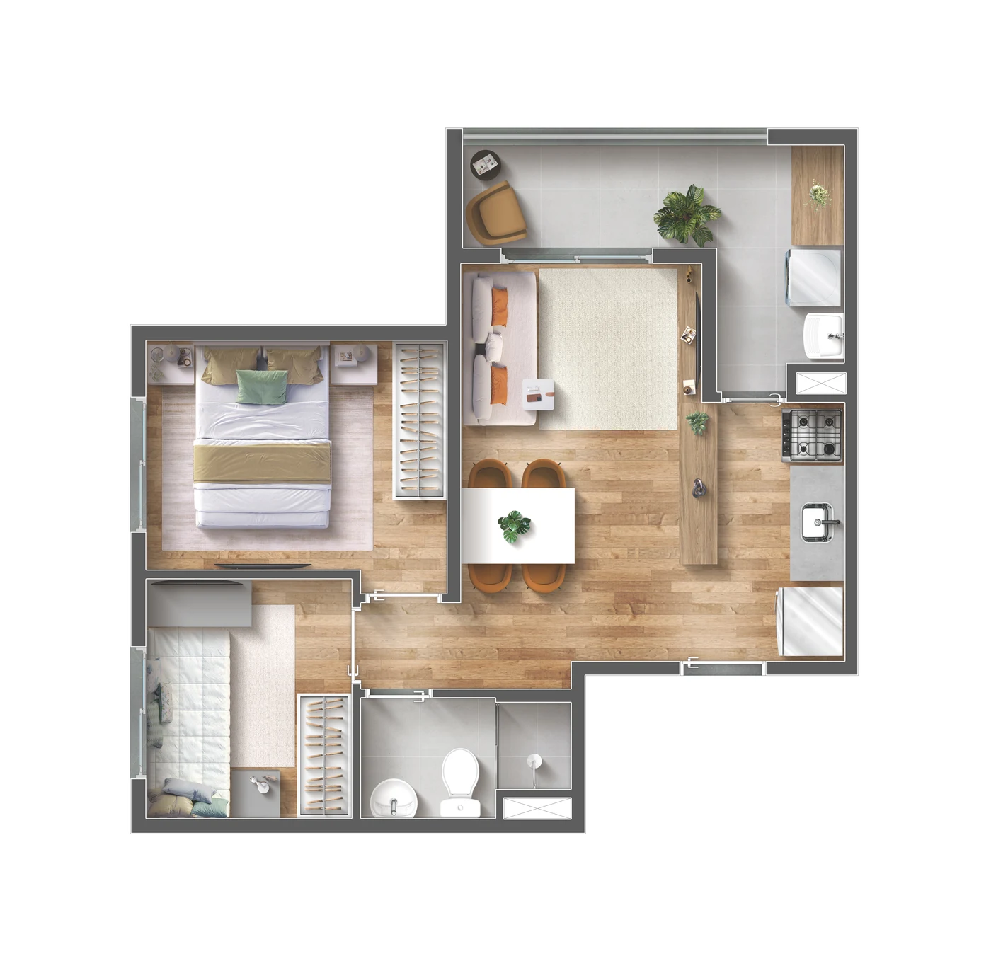 Planta baixa do apartamento de 43m², 2 quartos