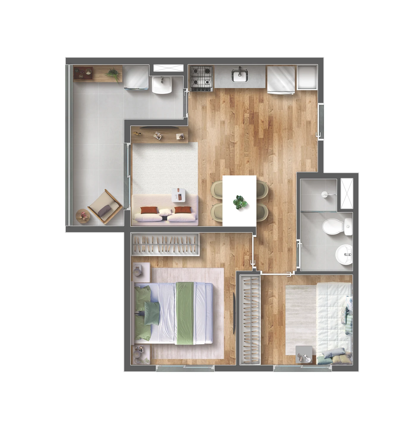 Planta baixa do apartamento de 44m², 2 quartos